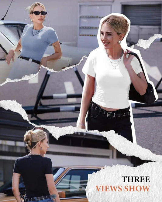 Women’s fashion tops in blue, white, black — stylish short sleeve crop tees with belts and accessories
