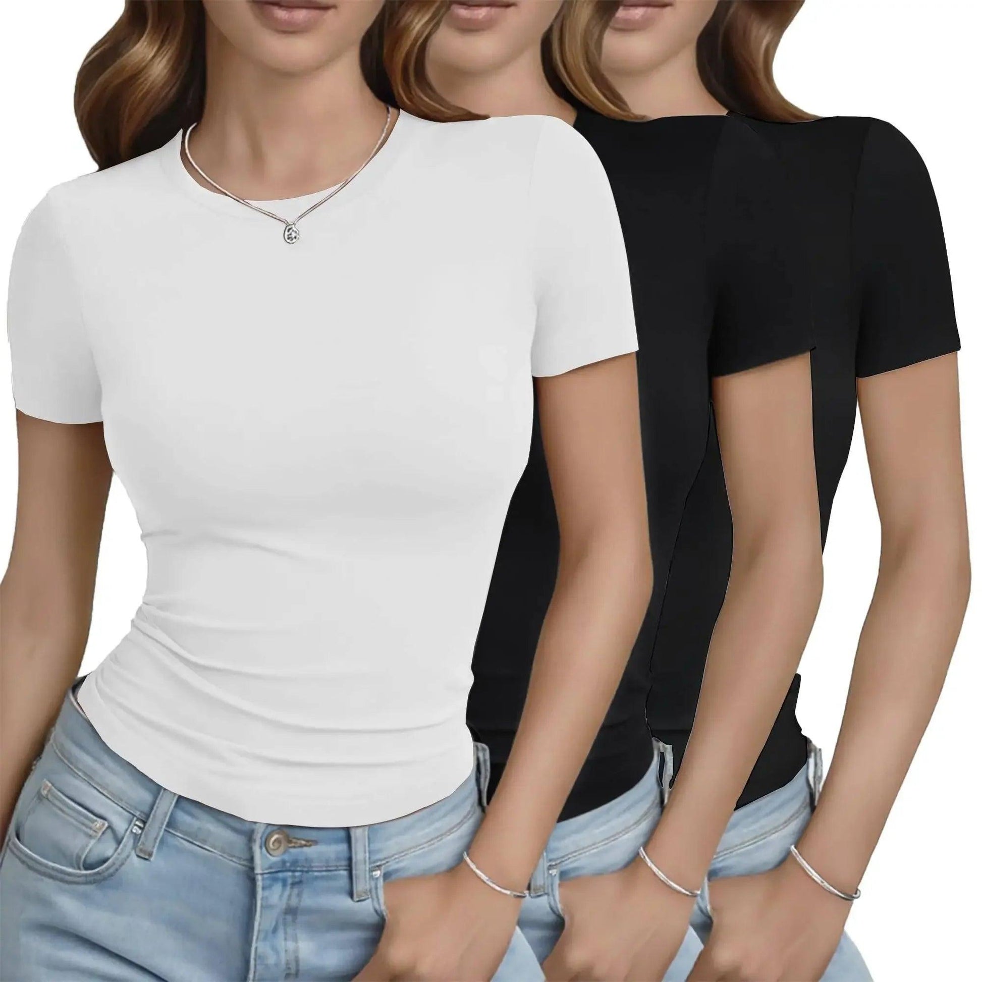 Women's white and black short sleeve fitted t-shirts with round neck, paired with jeans for casual fashion