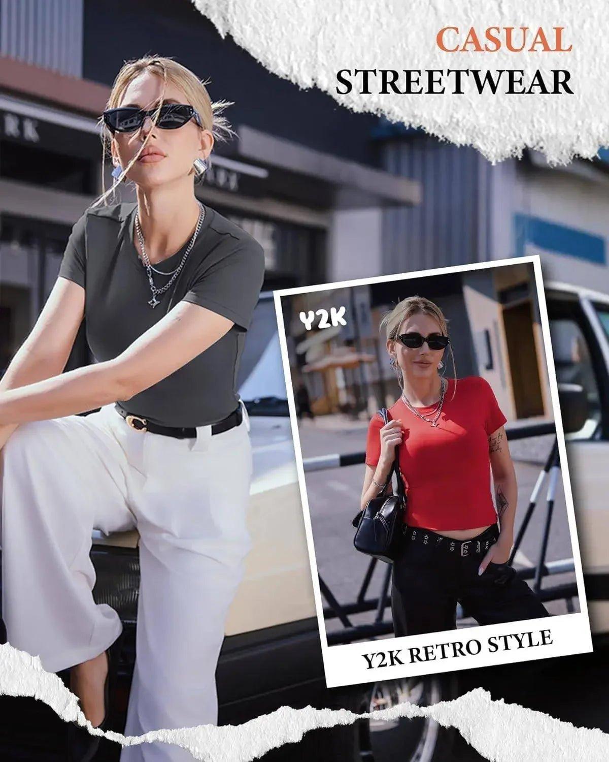 Casual streetwear fashion with Y2K retro style tops and trendy sunglasses for women