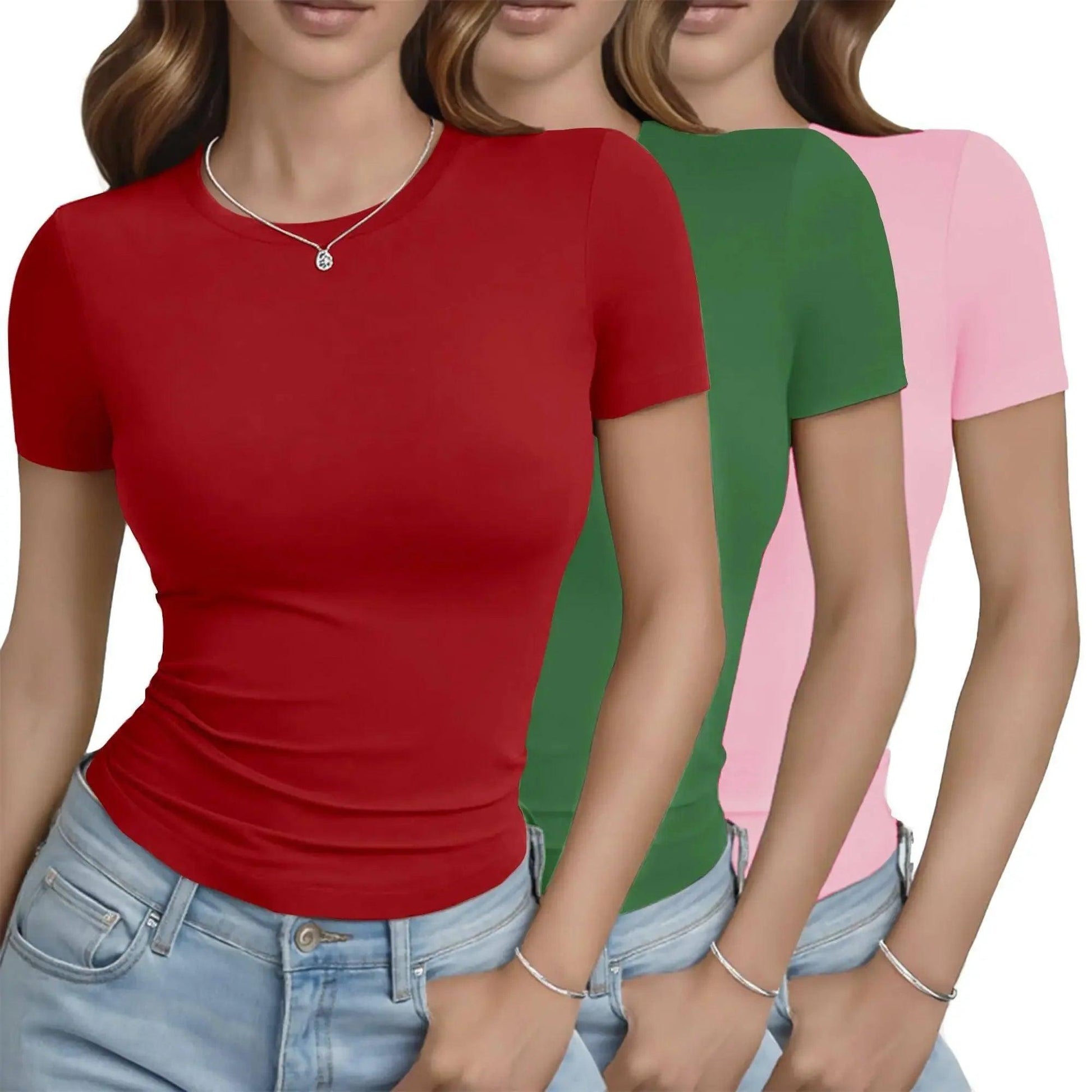 Women's solid color short sleeve t-shirts in red, green, pink - casual fashion tops