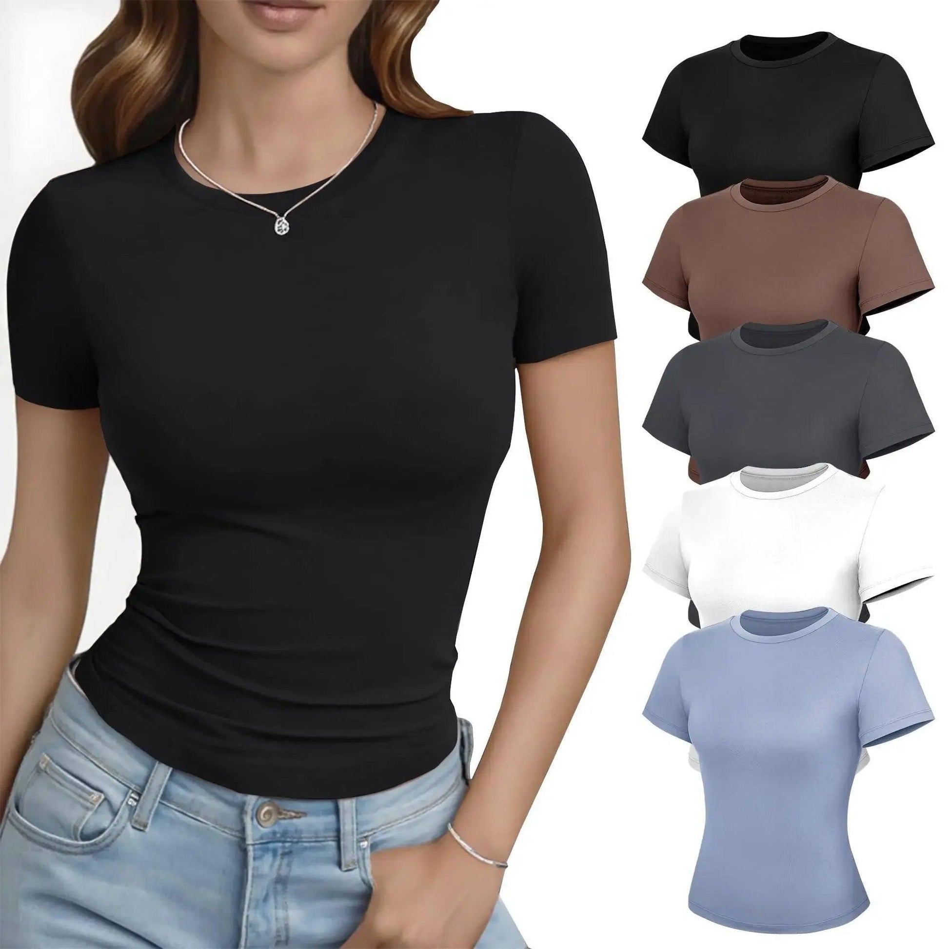 Women's fitted black t-shirt with ruched detail, available in multiple colors for casual fashion