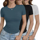 Women's fitted short sleeve tees in teal, black, and white — casual fashion tops