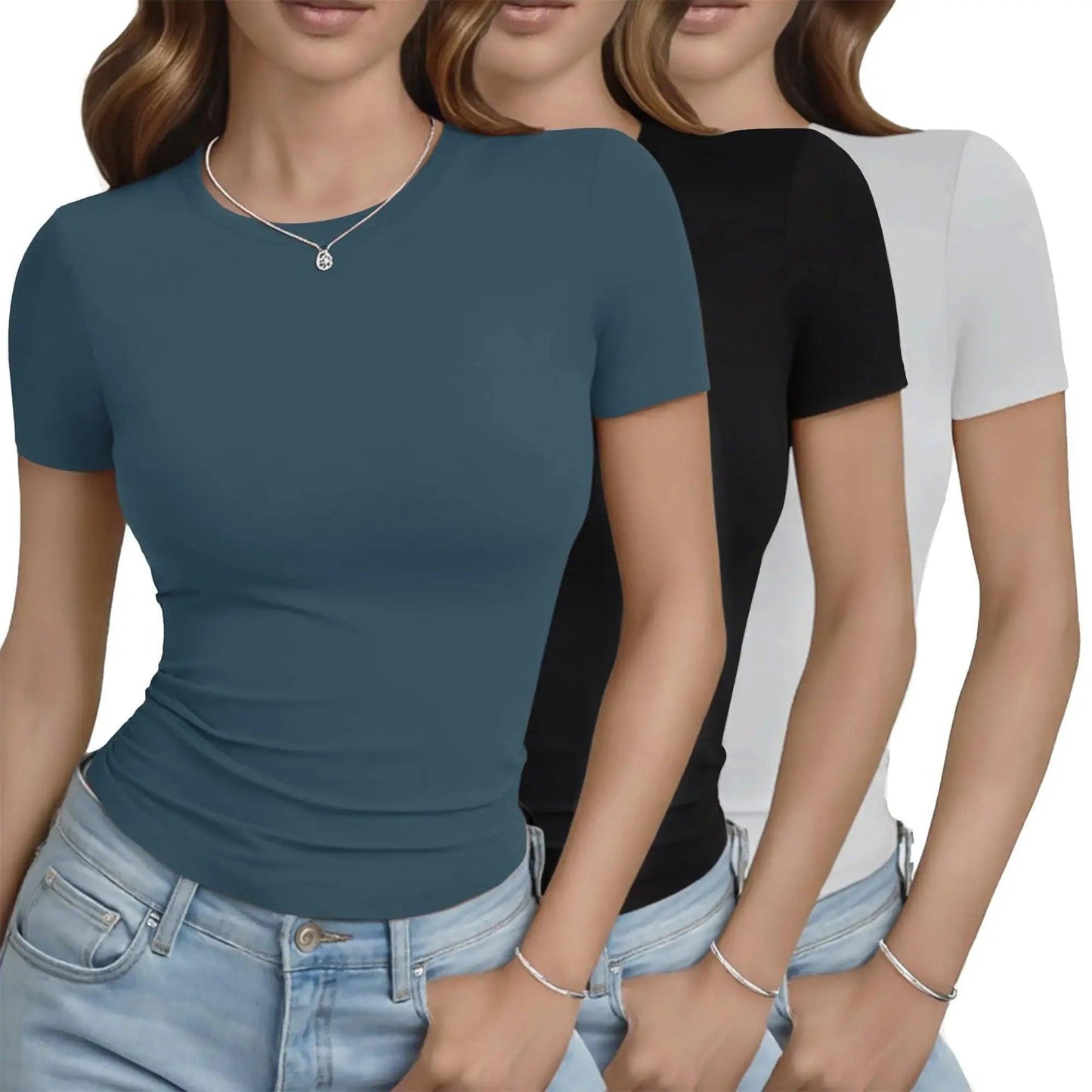 Women's fitted short sleeve tees in teal, black, and white — casual fashion tops