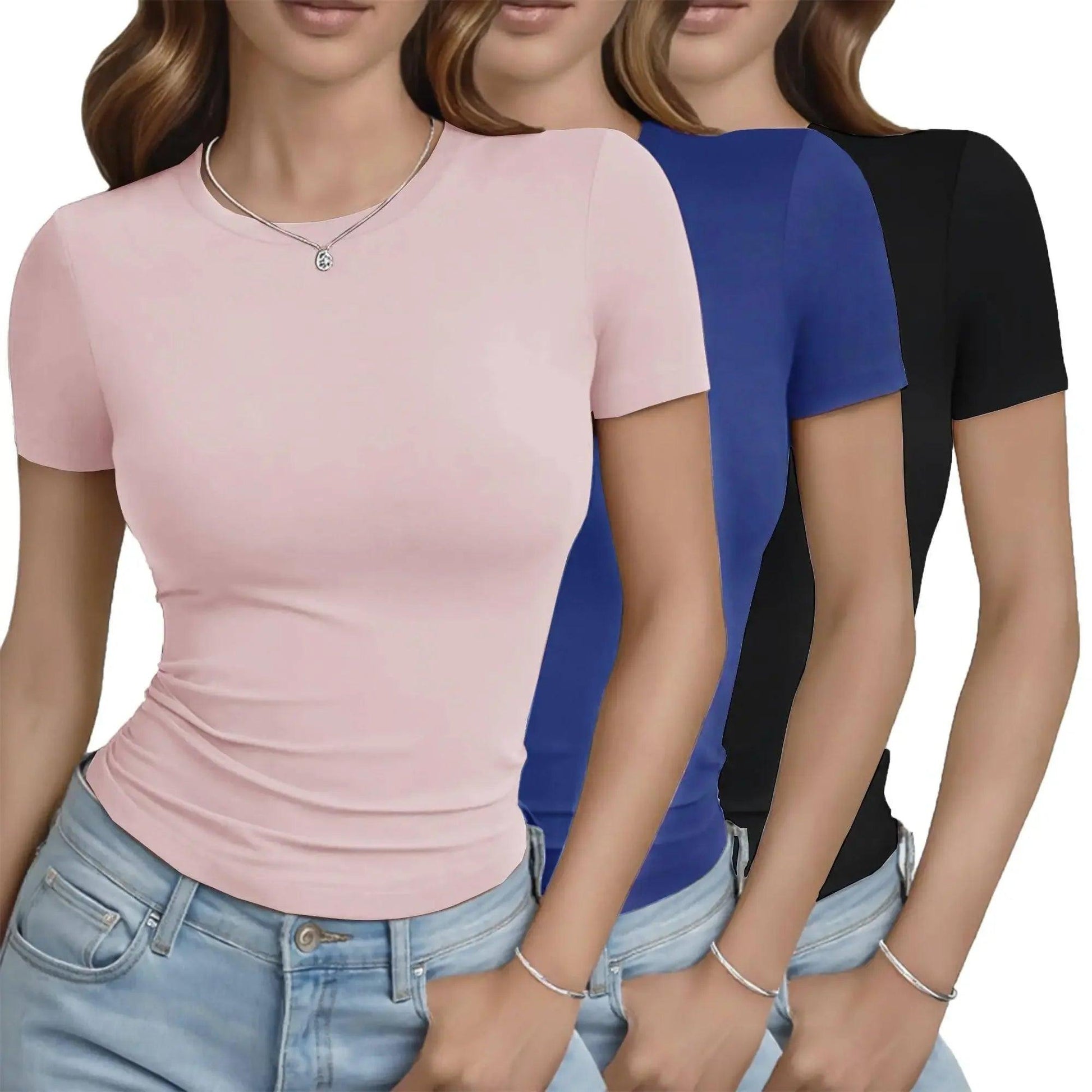 Women's fitted short sleeve tops in pink, blue, black — casual fashion tees with ruched detail