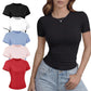 Woman modeling black fitted short sleeve t-shirt with color options, perfect for casual fashion and everyday wear.