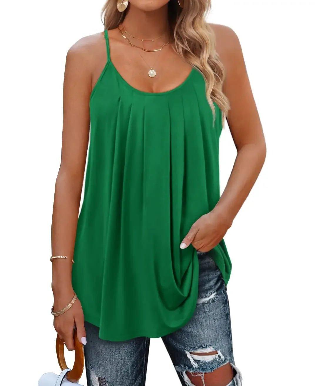 Green women's pleated camisole top with thin straps, paired with ripped jeans for casual fashion
