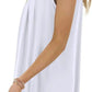 White women's sleeveless flowy top with V-neck, paired with jeans for casual fashion