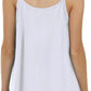 White women's spaghetti strap tank top, casual fashion wear, back view with delicate necklace