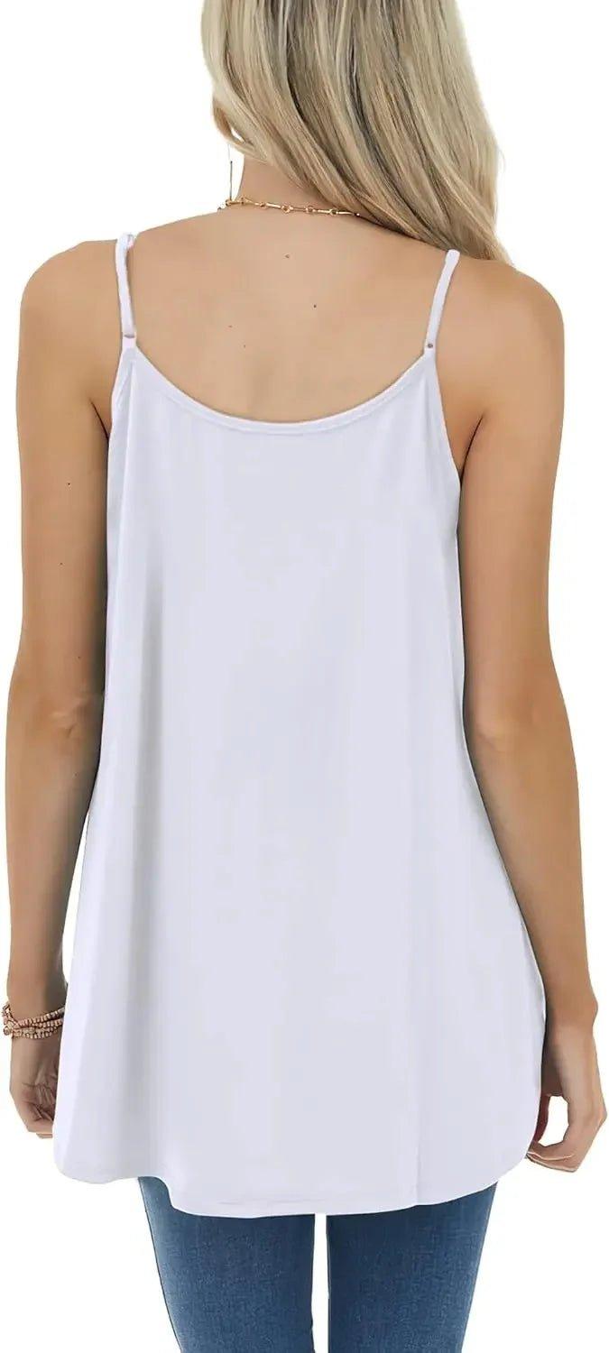 White women's spaghetti strap tank top, casual fashion wear, back view with delicate necklace