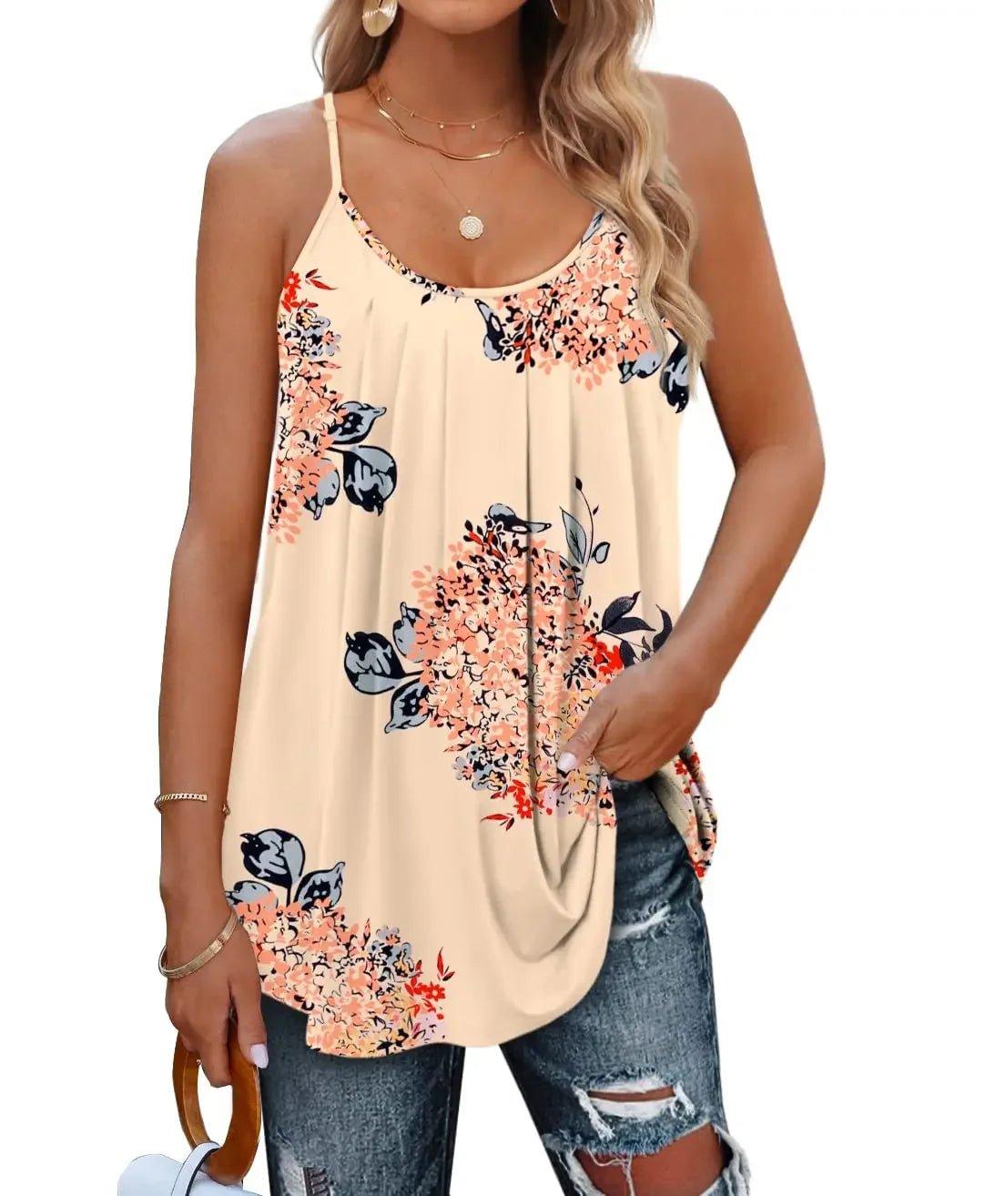 Floral print women's camisole top with thin straps, paired with ripped jeans for casual summer fashion