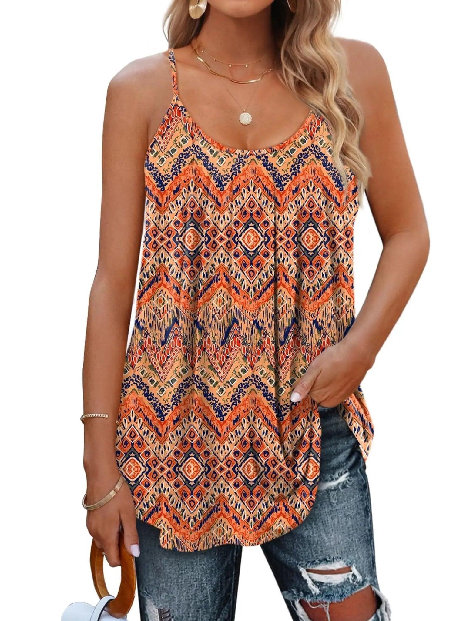 Boho print sleeveless top with geometric pattern, paired with ripped jeans for casual women's fashion