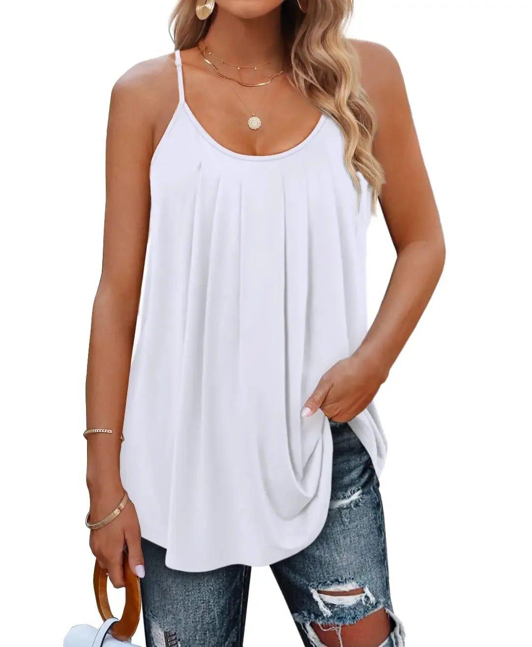 White pleated camisole top with thin straps, paired with ripped jeans for casual women's fashion