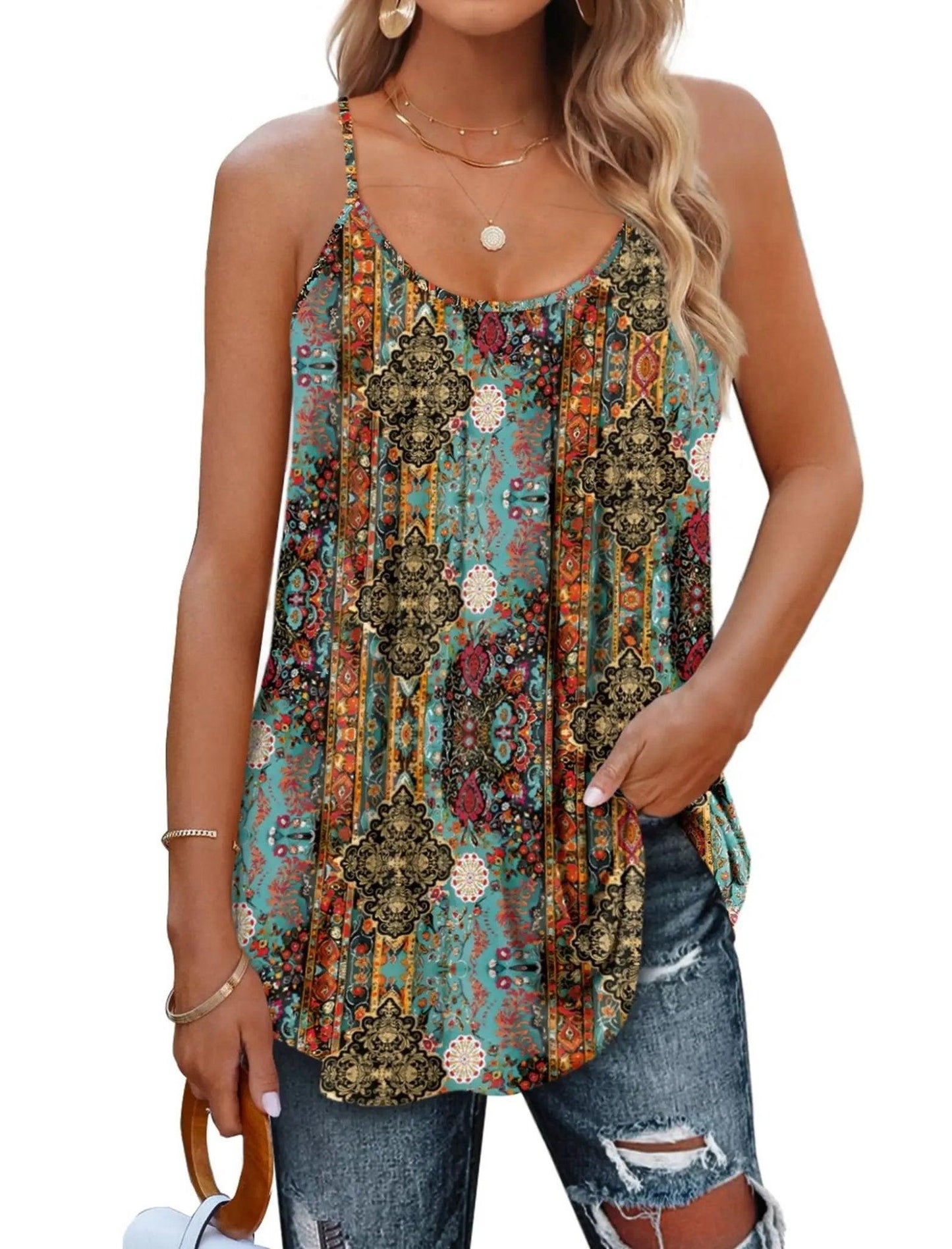 Boho floral print tank top with spaghetti straps, paired with ripped jeans for women's fashion