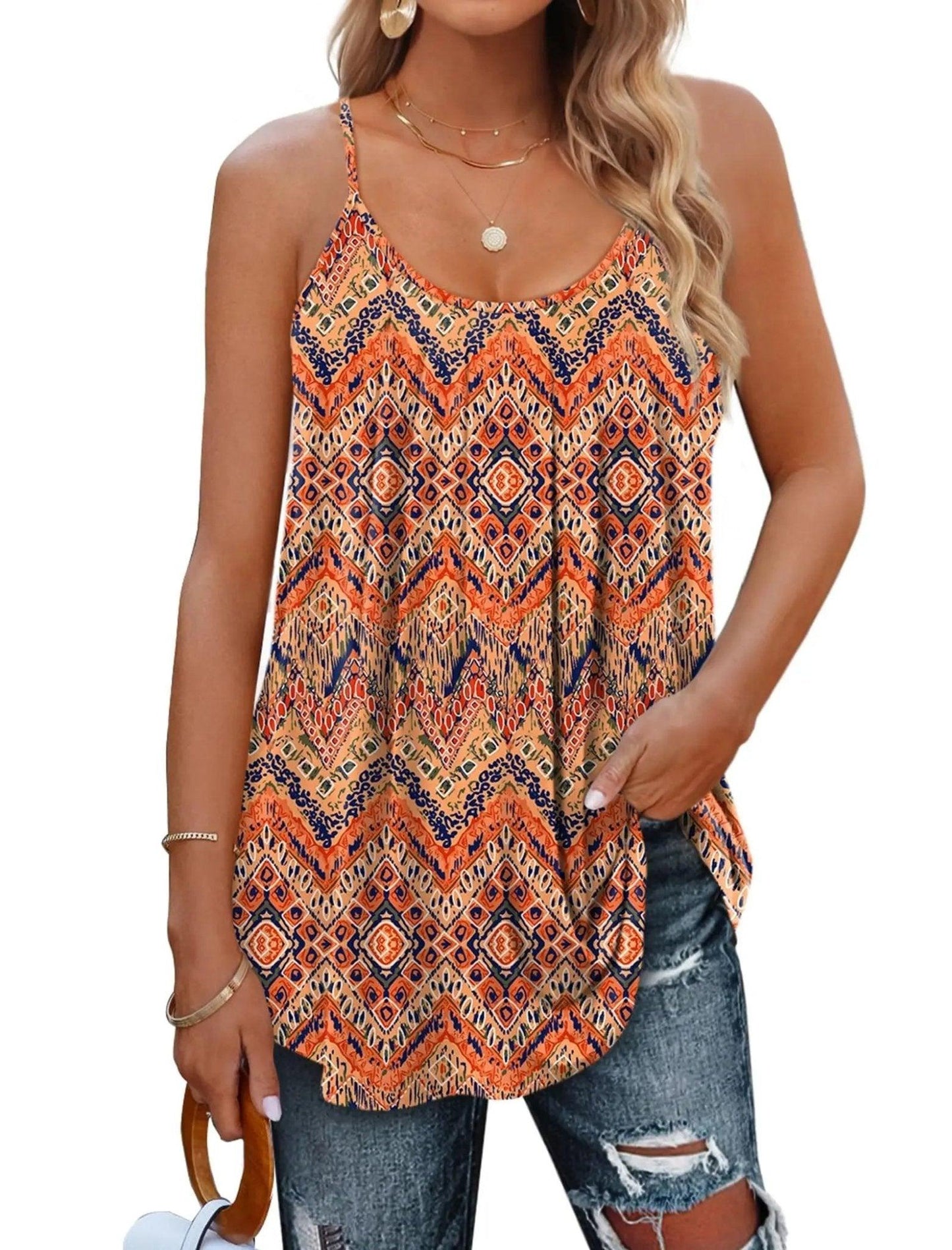 Boho print tank top with geometric pattern, perfect for women's summer fashion and casual wear