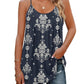 Woman wearing navy blue damask print spaghetti strap top with ripped jeans, fashion summer outfit