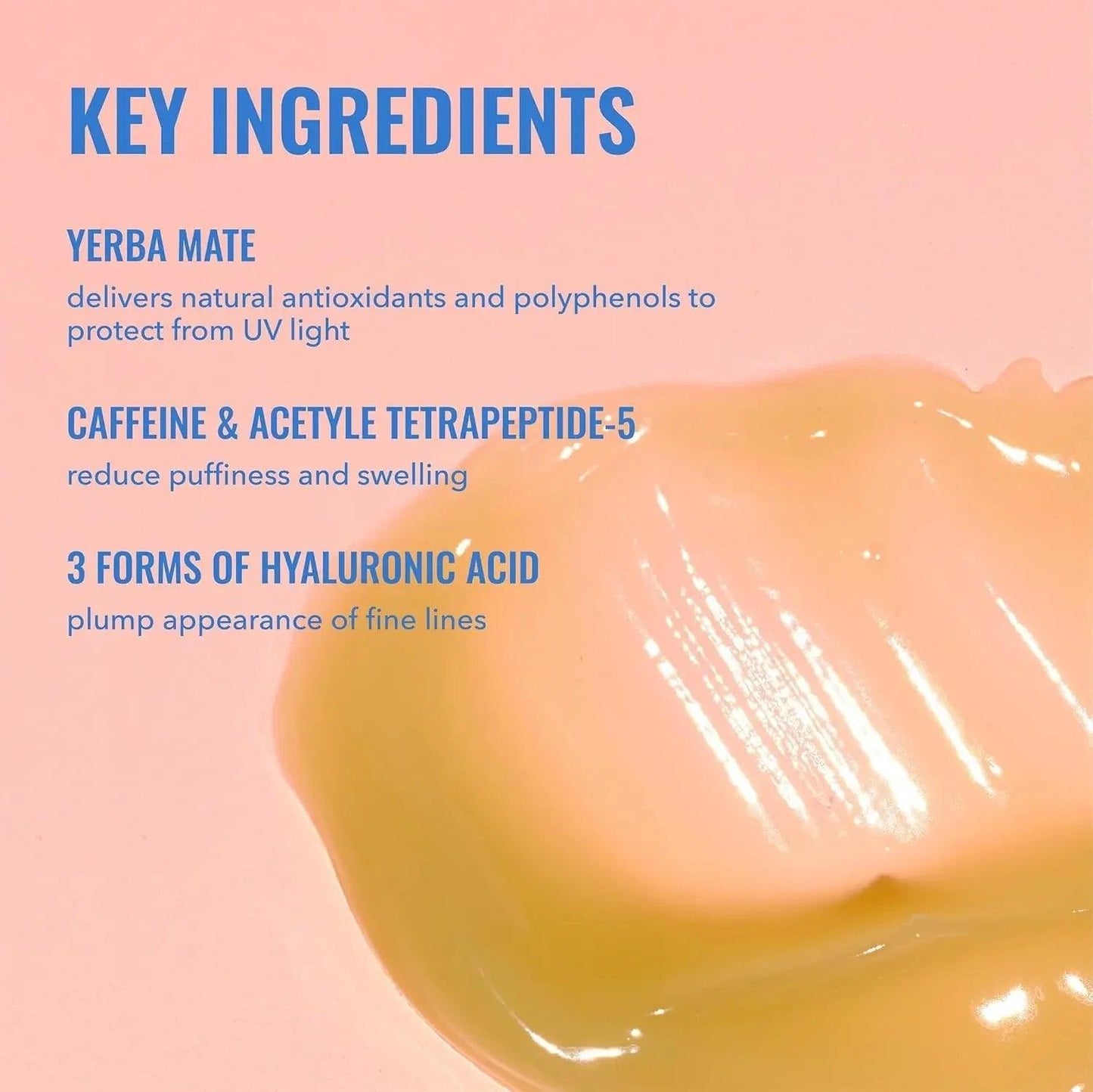 Beauty skincare product with key ingredients: yerba mate, caffeine, hyaluronic acid for anti-aging and UV protection