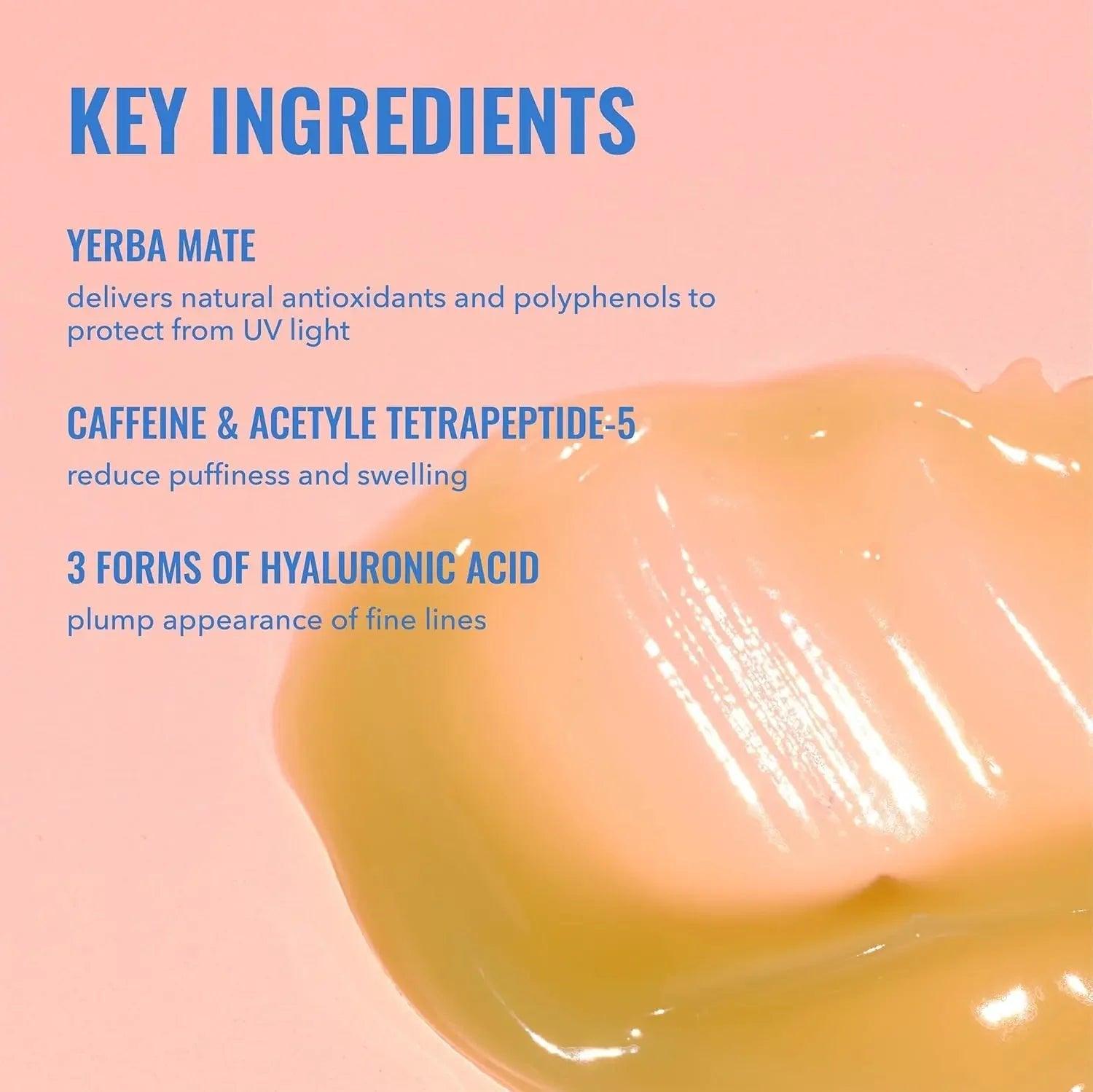 Beauty skincare product with key ingredients: yerba mate, caffeine, hyaluronic acid for anti-aging and UV protection