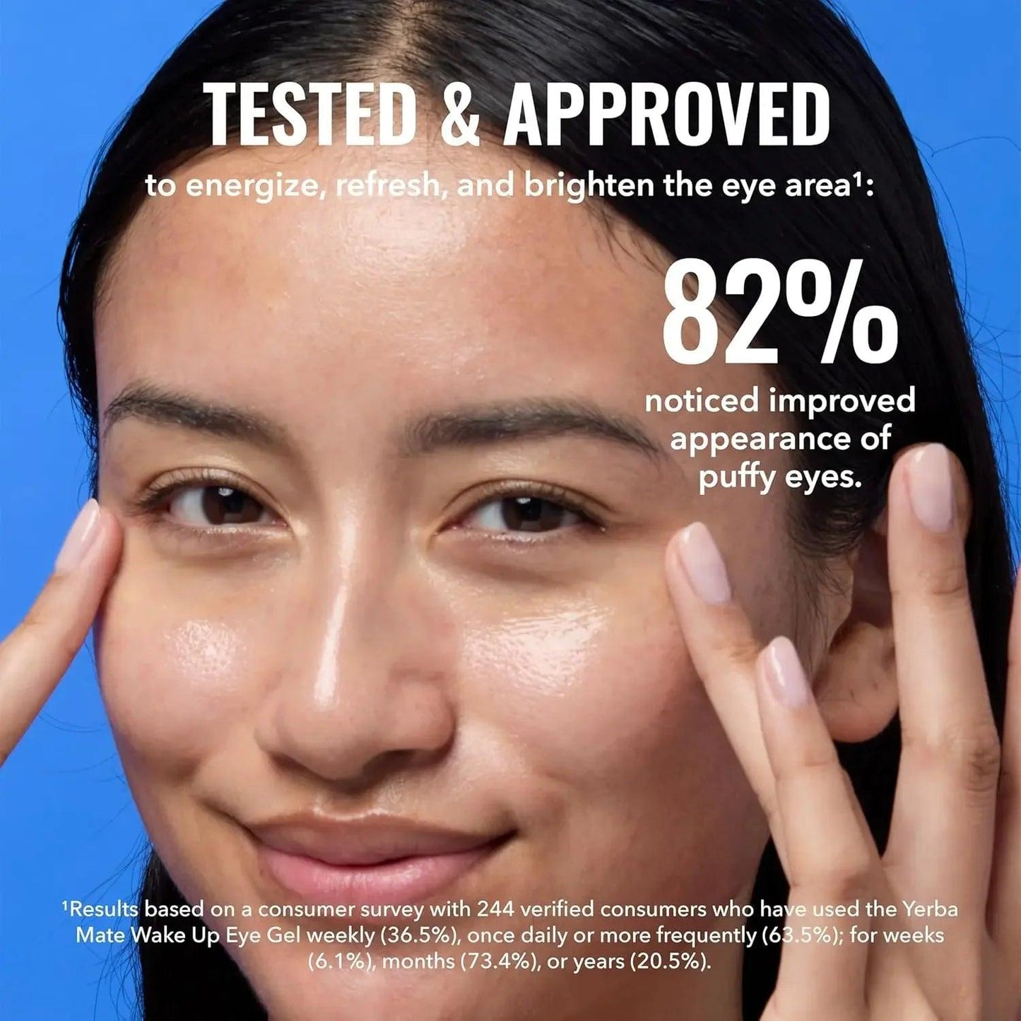 Woman applying eye gel to brighten under eyes, 82% saw improved puffy eye appearance