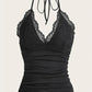 Black lace halter top with ruched bodice and tie neck, women's fashion