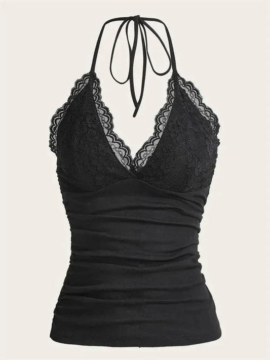 Black lace halter top with ruched bodice and tie neck, women's fashion