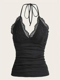 Black lace halter top with ruched bodice and tie neck, women's fashion