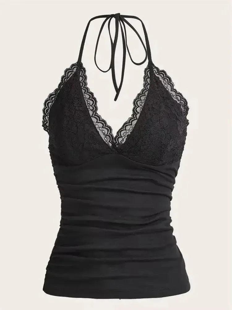 Black lace halter top with ruched bodice, women's fashion
