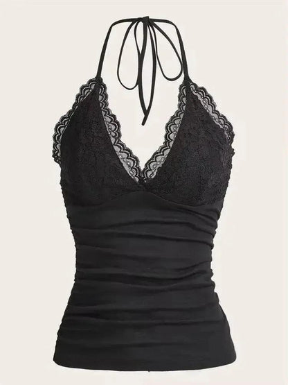 Black lace halter top with ruched bodice, women's fashion