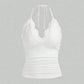 White lace halter top with ruched bodice, women's fashion