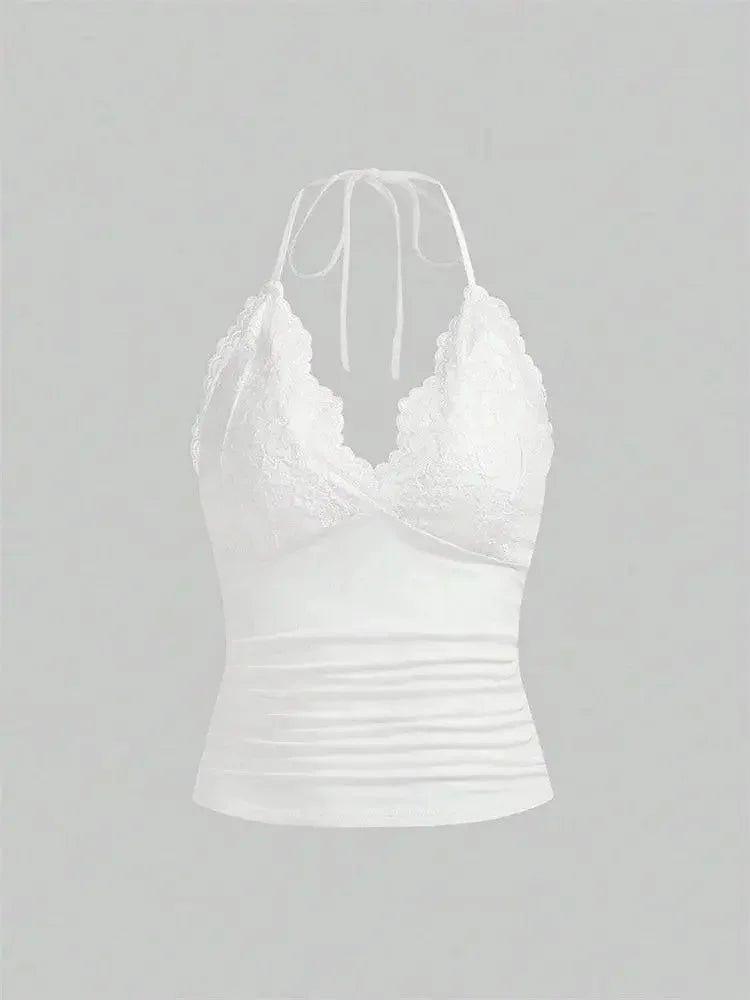 White lace halter top with ruched bodice, women's fashion