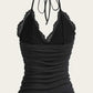 Black lace halter top with ruched front, women's fashion