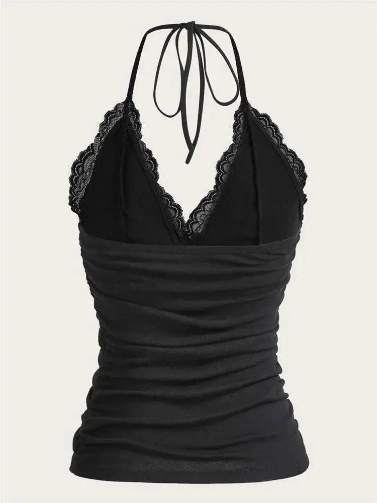 Black lace halter top with ruched front, women's fashion