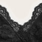 Black lace V-neck top with floral detailing, elegant women's fashion