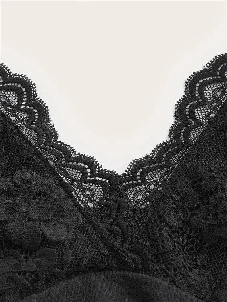 Black lace V-neck top with floral detailing, elegant women's fashion