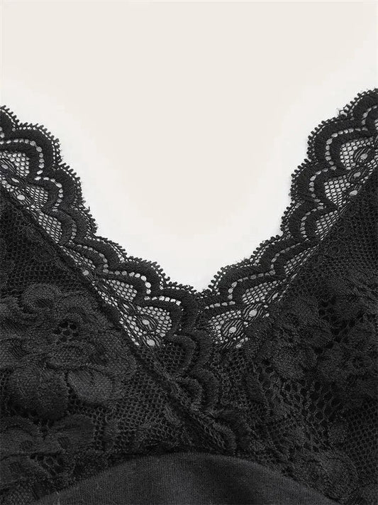 Black lace V-neck top with floral detailing, elegant women's fashion