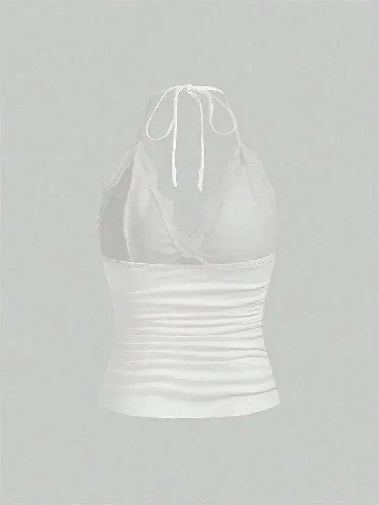 White lace halter top with ruched bodice and tie back, women's fashion