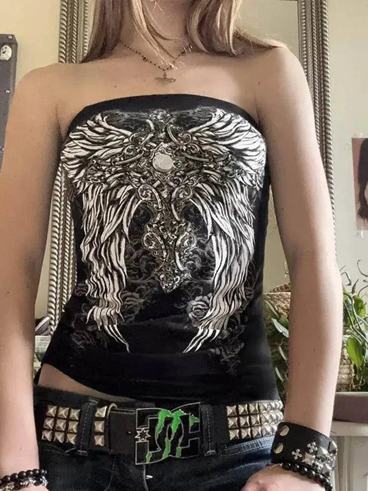 Black strapless top with white angel wings print, edgy fashion for women