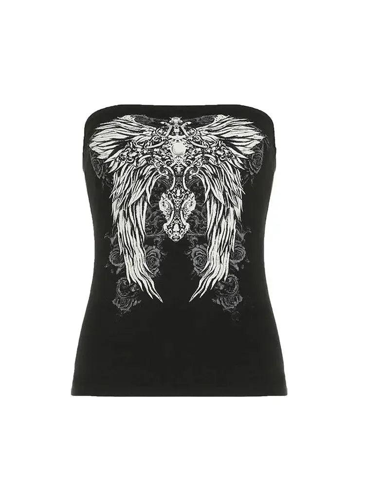 Black strapless top with white angel wings and roses design