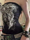 Black strapless top with silver angel wings and rose print, edgy fashion style