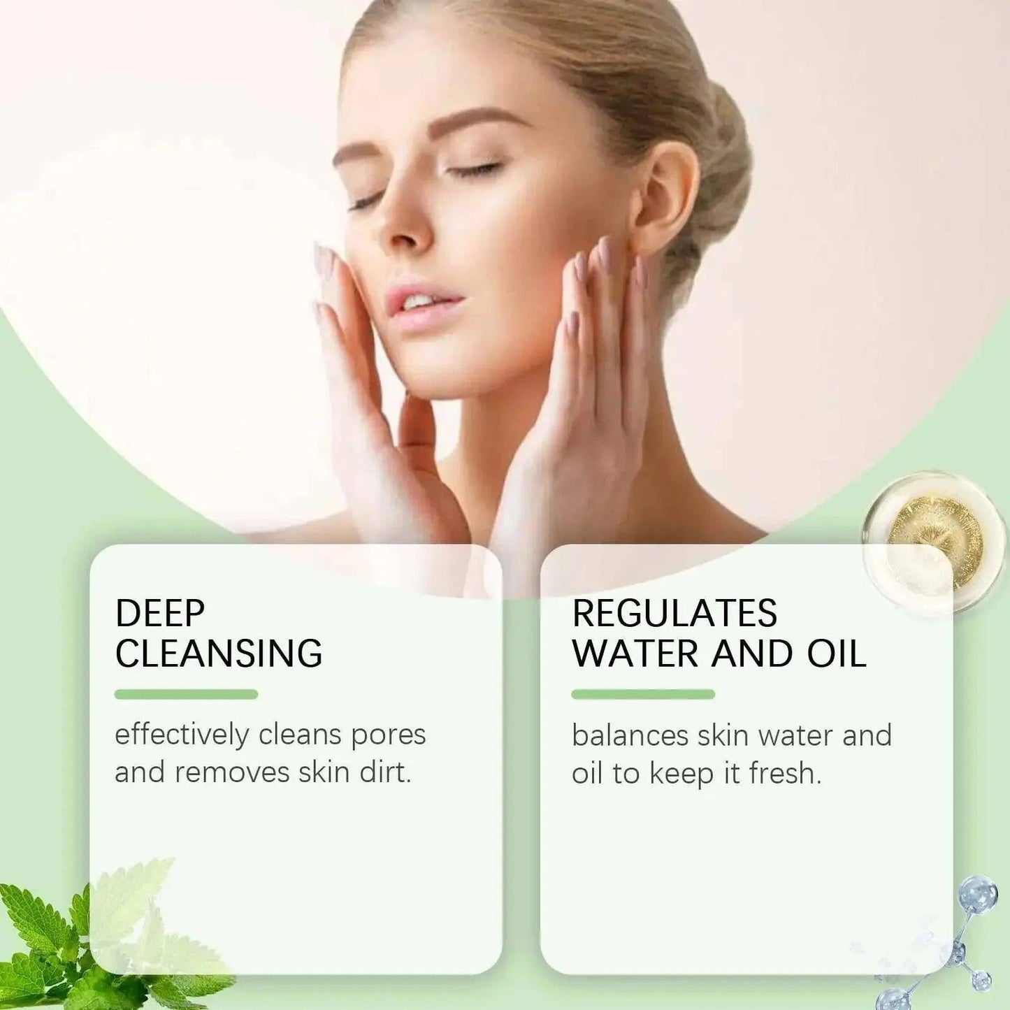 Woman gently touching face with deep cleansing and oil balancing skincare benefits highlighted