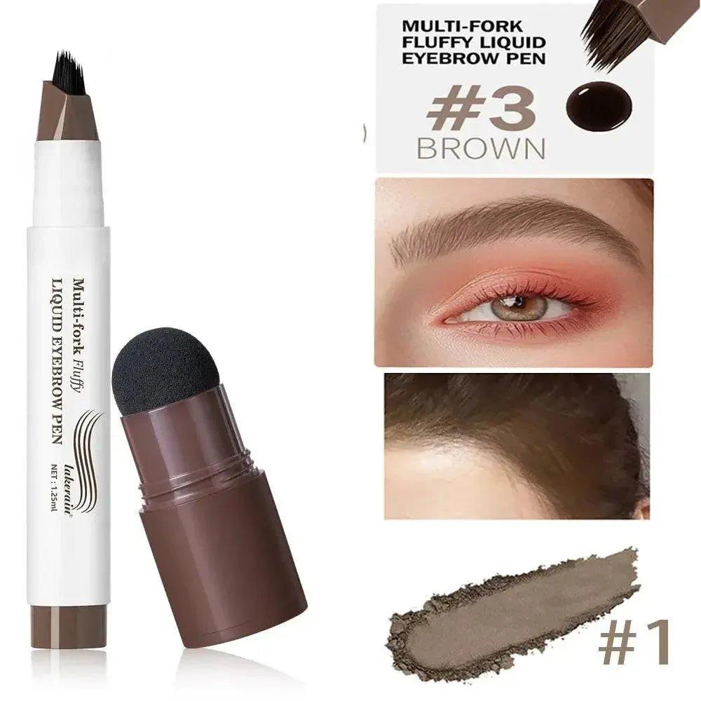 Multi-fork fluffy liquid eyebrow pen in brown shade, precise brow makeup tool for women's fashion beauty