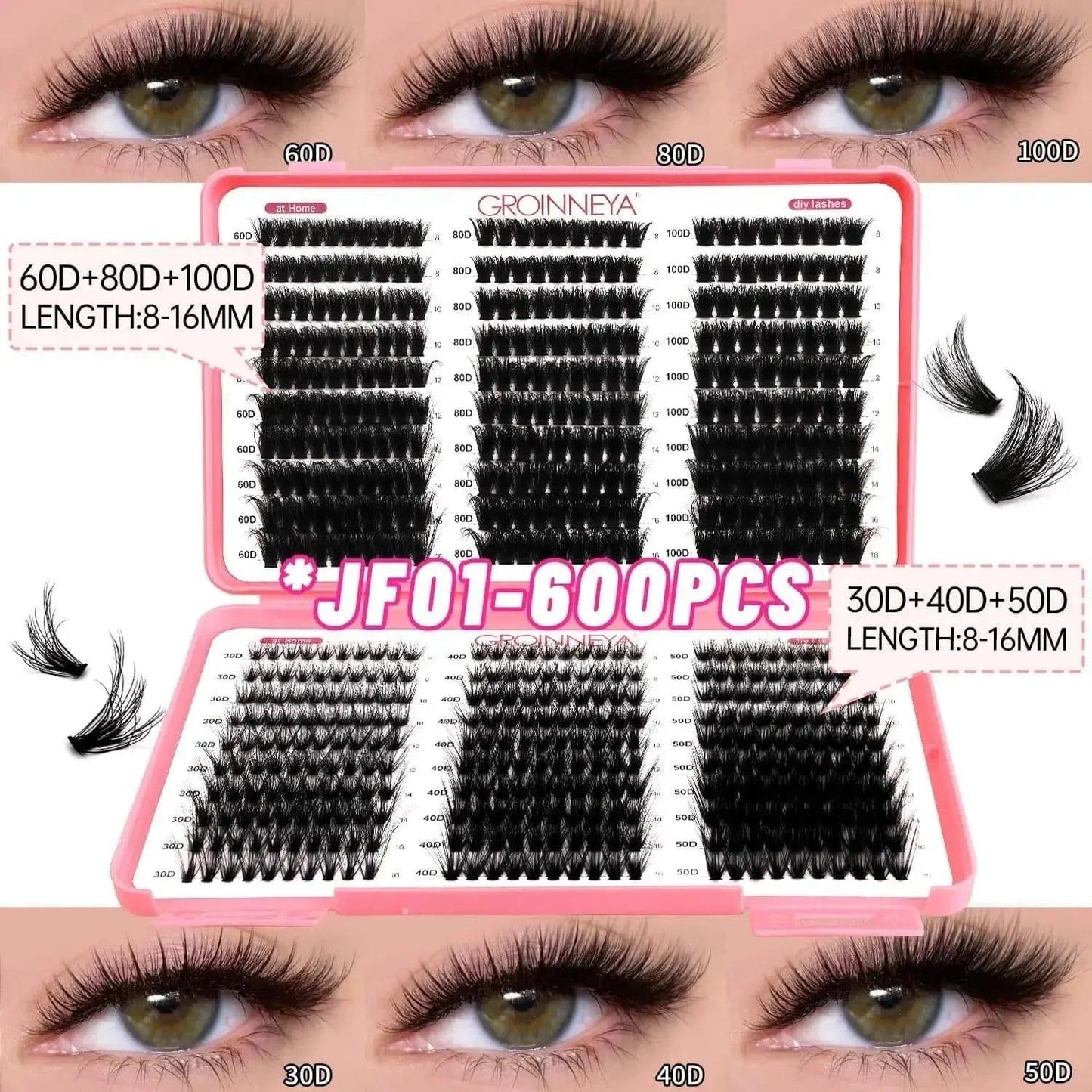 600pcs DIY false eyelashes in 30D-100D densities, 8-16mm lengths, for natural or dramatic eye makeup looks