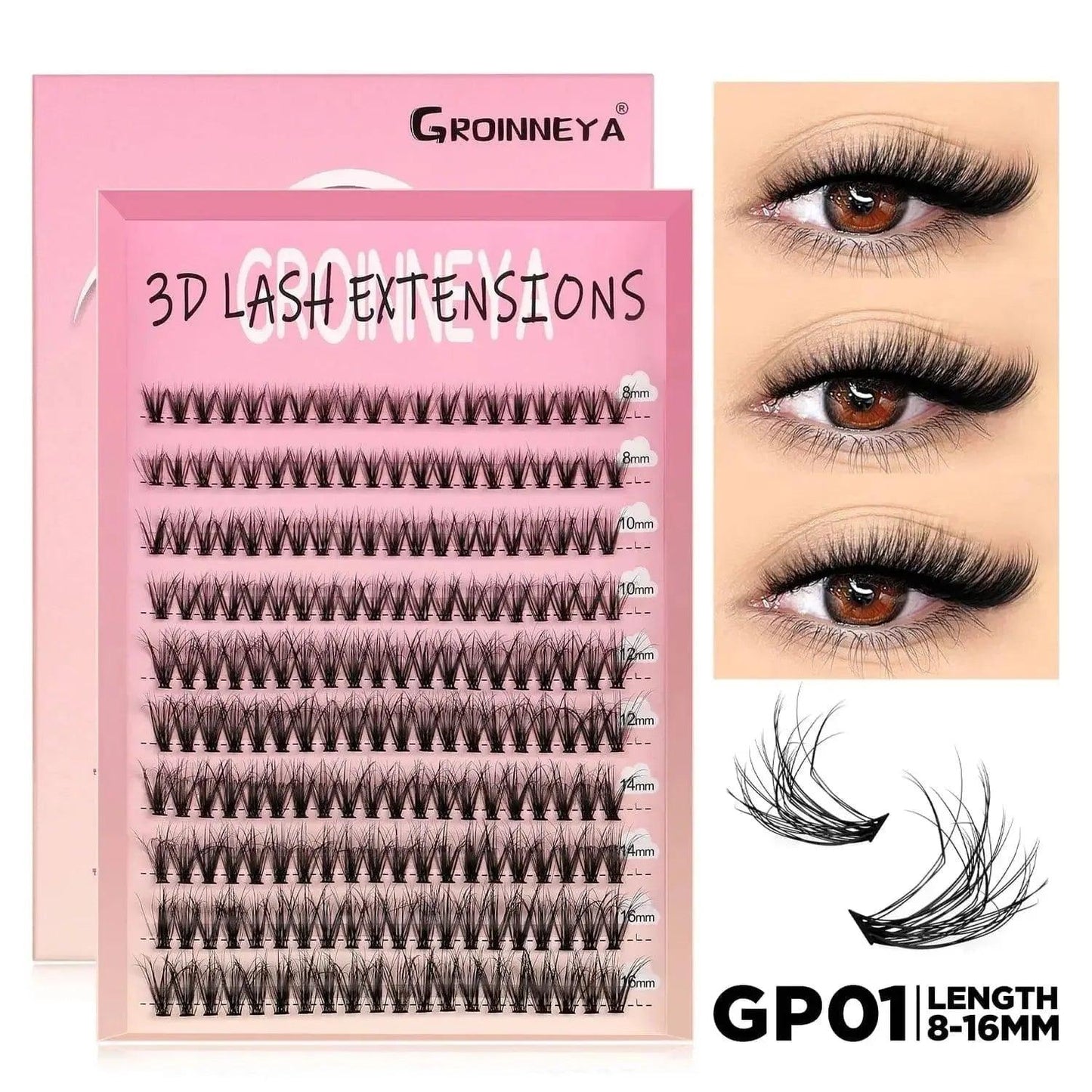 GROINNEYA 3D Lash Extensions GP01, 8-16mm lengths for voluminous, natural-looking eyelashes