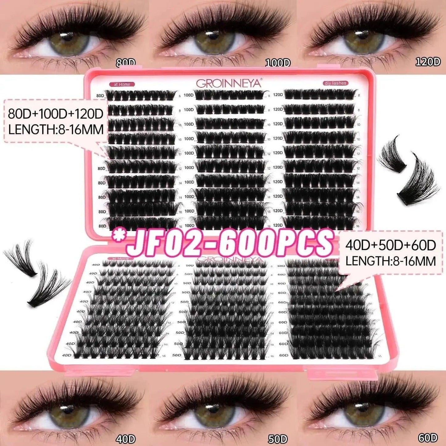 600pcs DIY false eyelashes in 8-16mm lengths, 40D-120D densities for natural or dramatic eye makeup looks