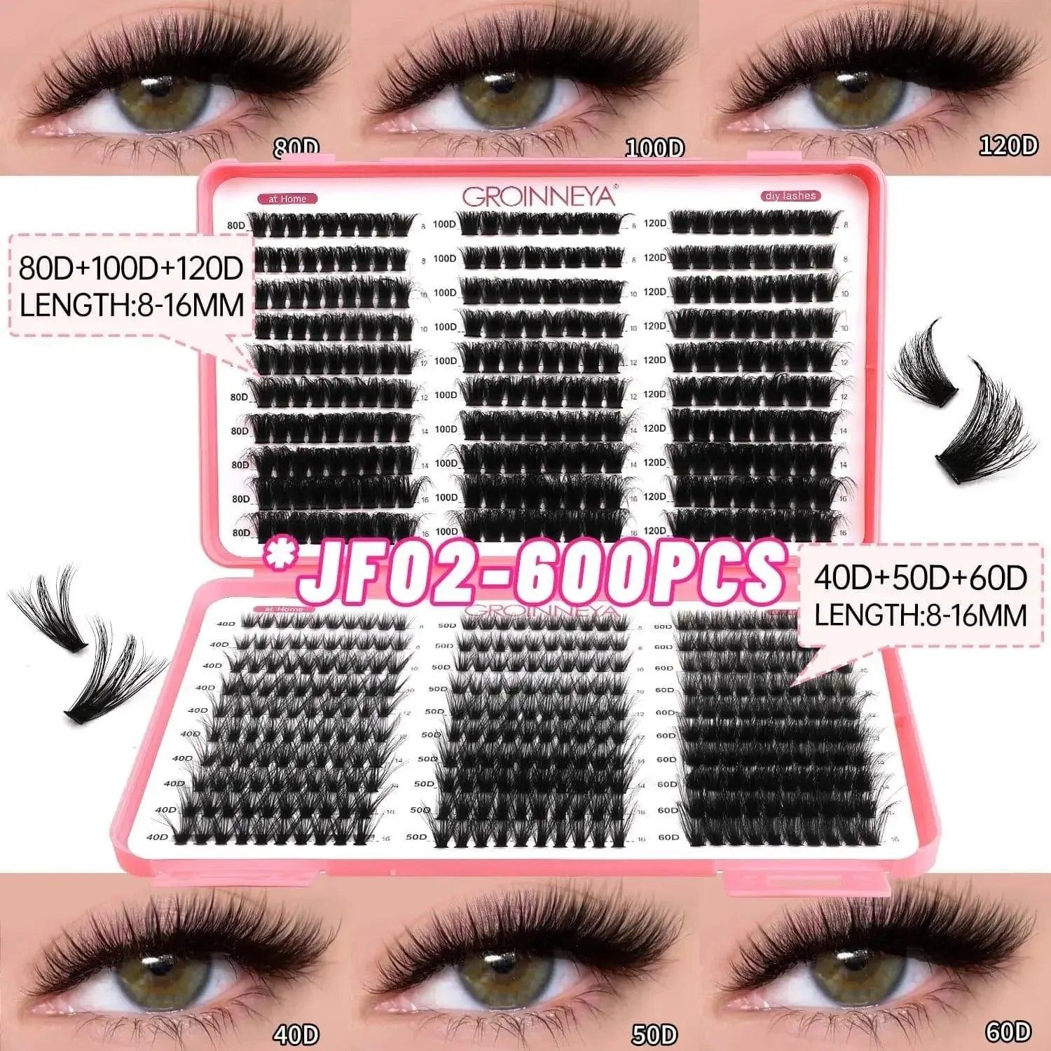 600pcs DIY false eyelashes in 8-16mm lengths, 40D-120D densities for natural or dramatic eye makeup looks