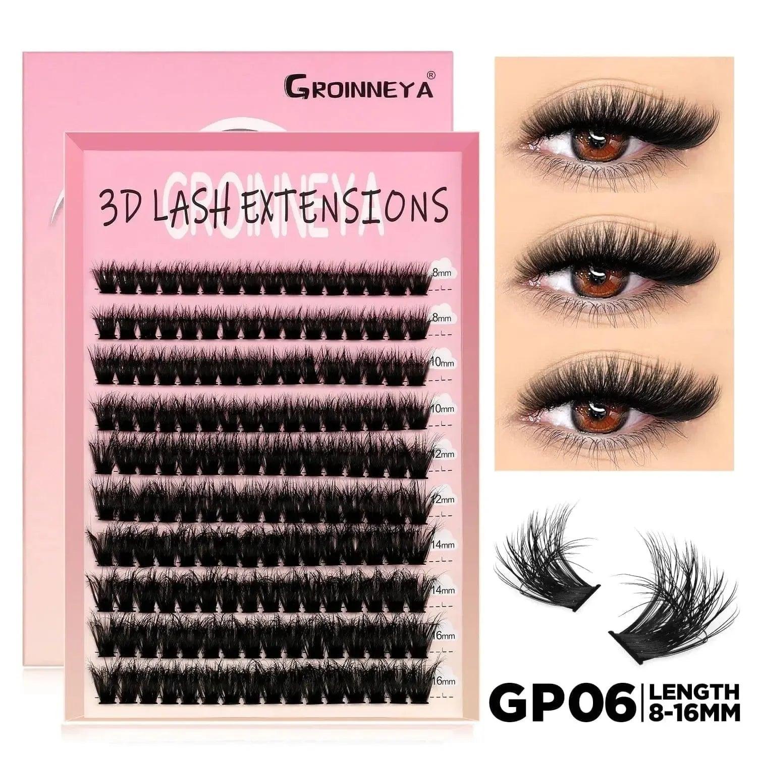 3D lash extensions in pink packaging, 8-16mm lengths, shown with applied eye looks for women’s beauty and fashion
