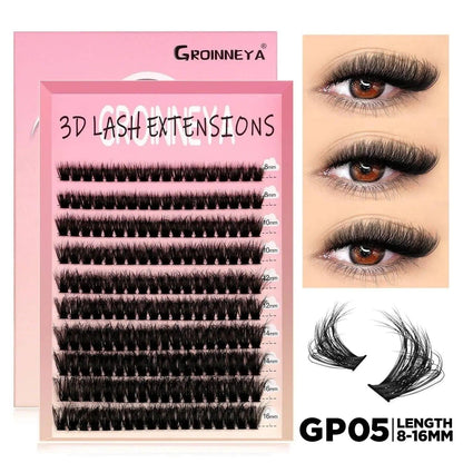 3D lash extensions in pink packaging, 8-16mm lengths, shown with applied eye looks for beauty and fashion