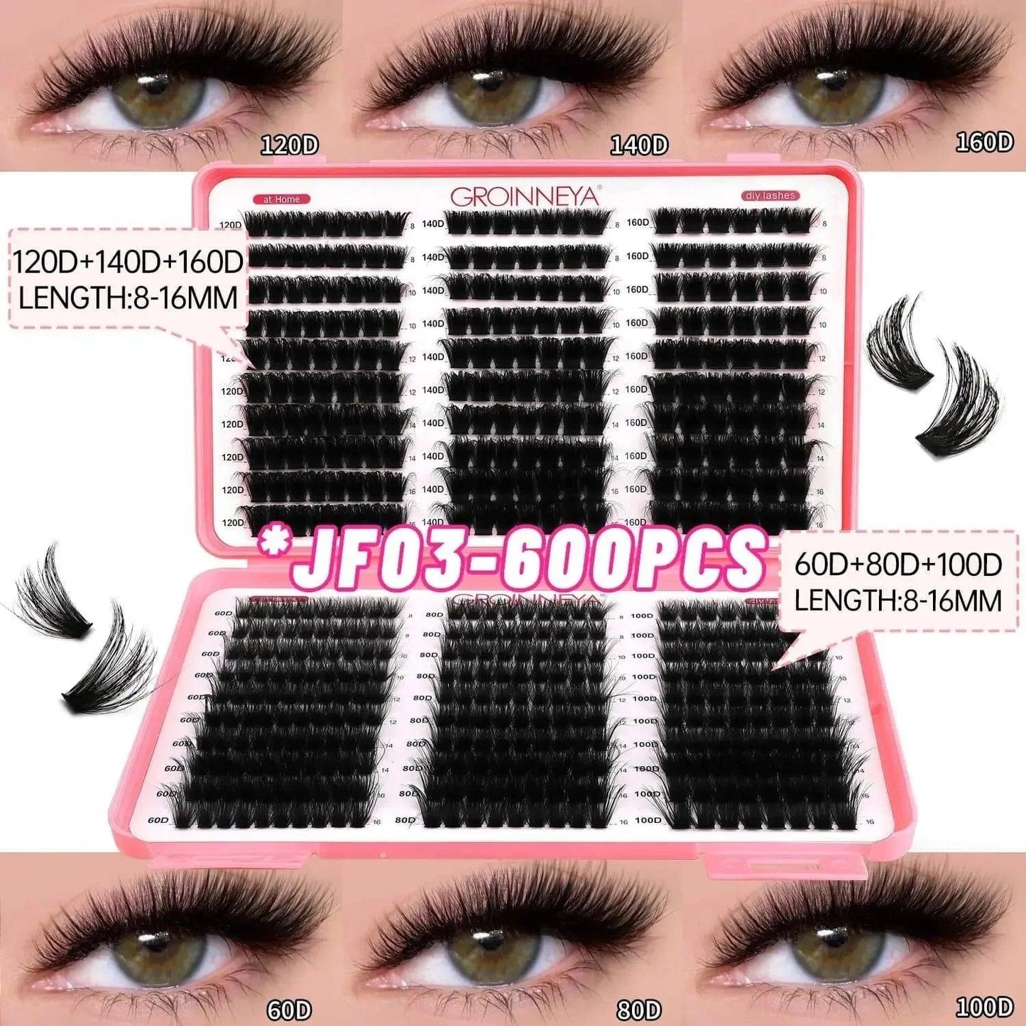 600PC GROINNEYA DIY false eyelashes kit with 60D-160D densities, 8-16mm lengths for women's fashion beauty