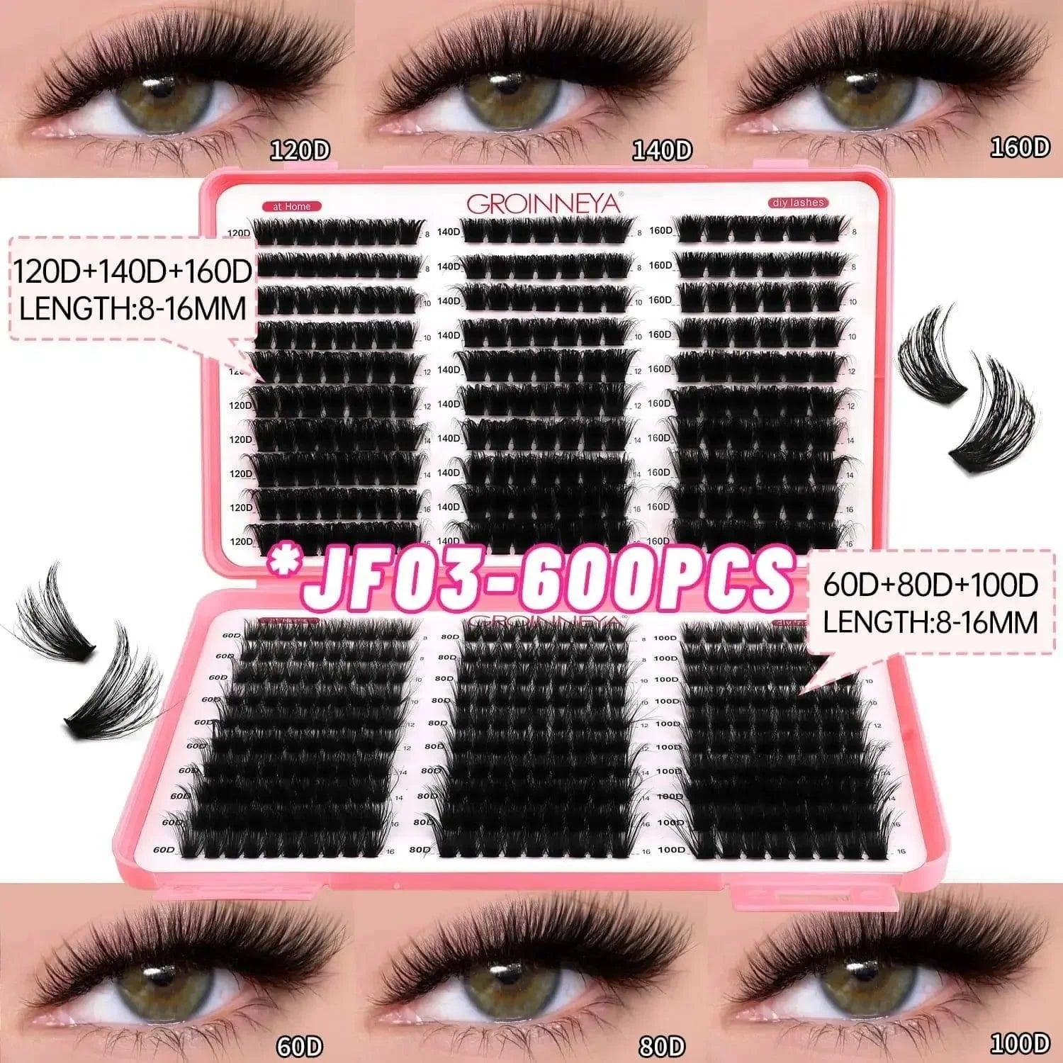 600PC GROINNEYA DIY false eyelashes kit with 60D-160D densities, 8-16mm lengths for women's fashion beauty
