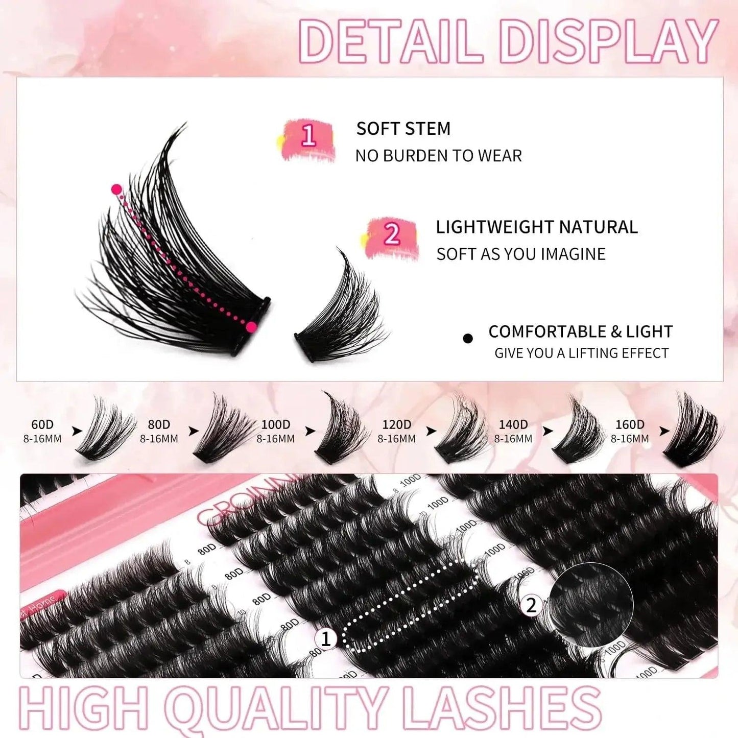 High quality false eyelashes with soft stem, lightweight natural look, 60D-160D density options for comfortable wear