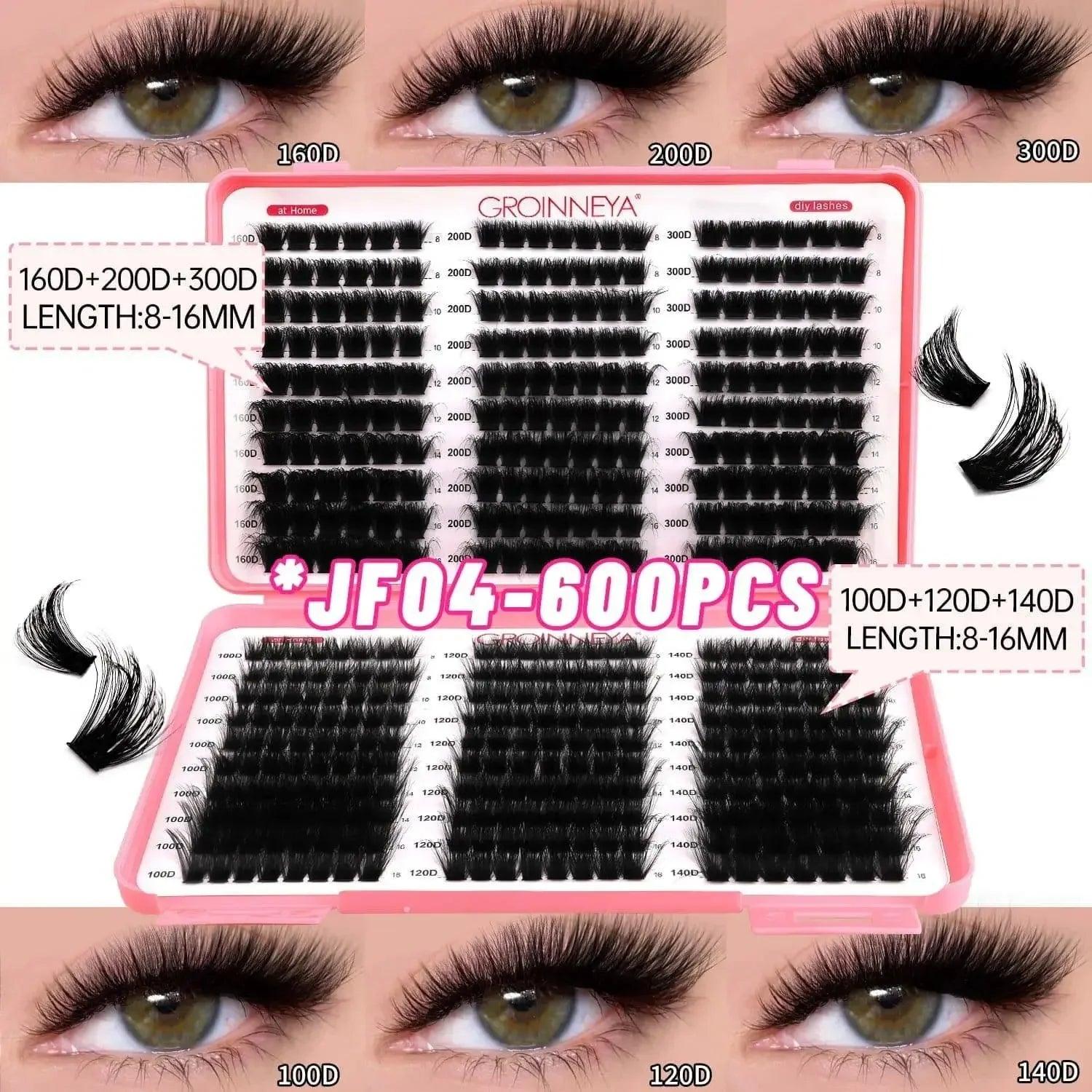 600pcs DIY false eyelashes kit with 100D-300D densities, 8-16mm lengths for natural or dramatic eye makeup looks